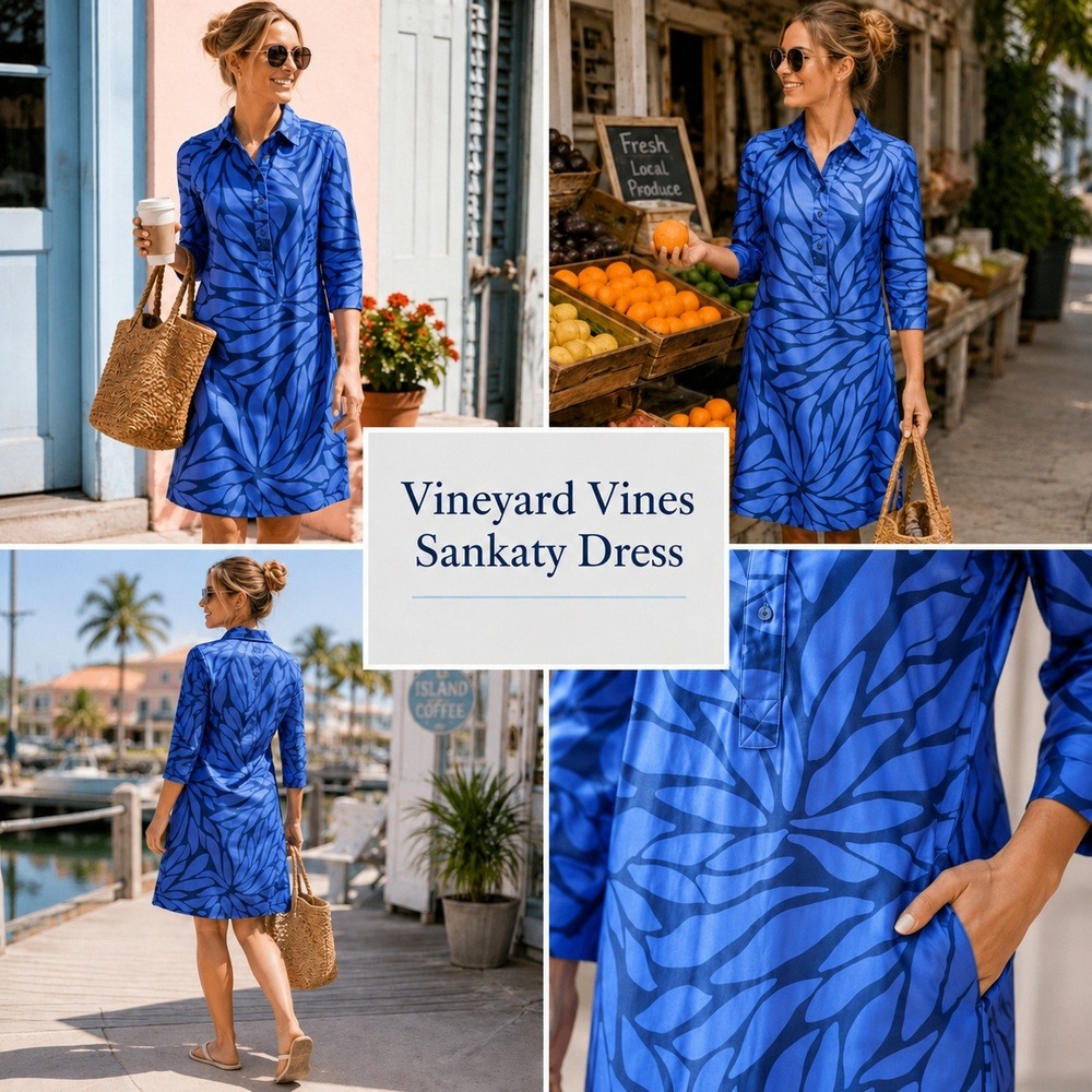 Vineyard Vines Sankaty Margo Blue Floral Performance Shift Dress 3/4 Sleeve S